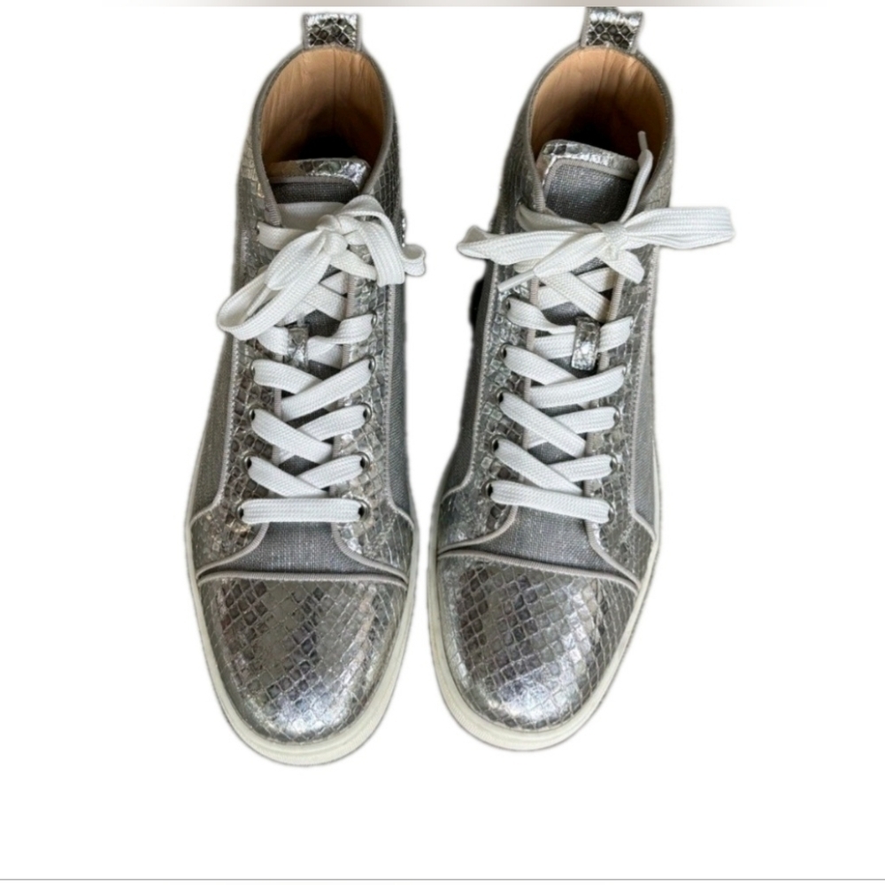 Christian Louboutin Silver Metallic ‘Orlato' Red Bottom High Tops EU 43 US 10 - Picture 9 of 11